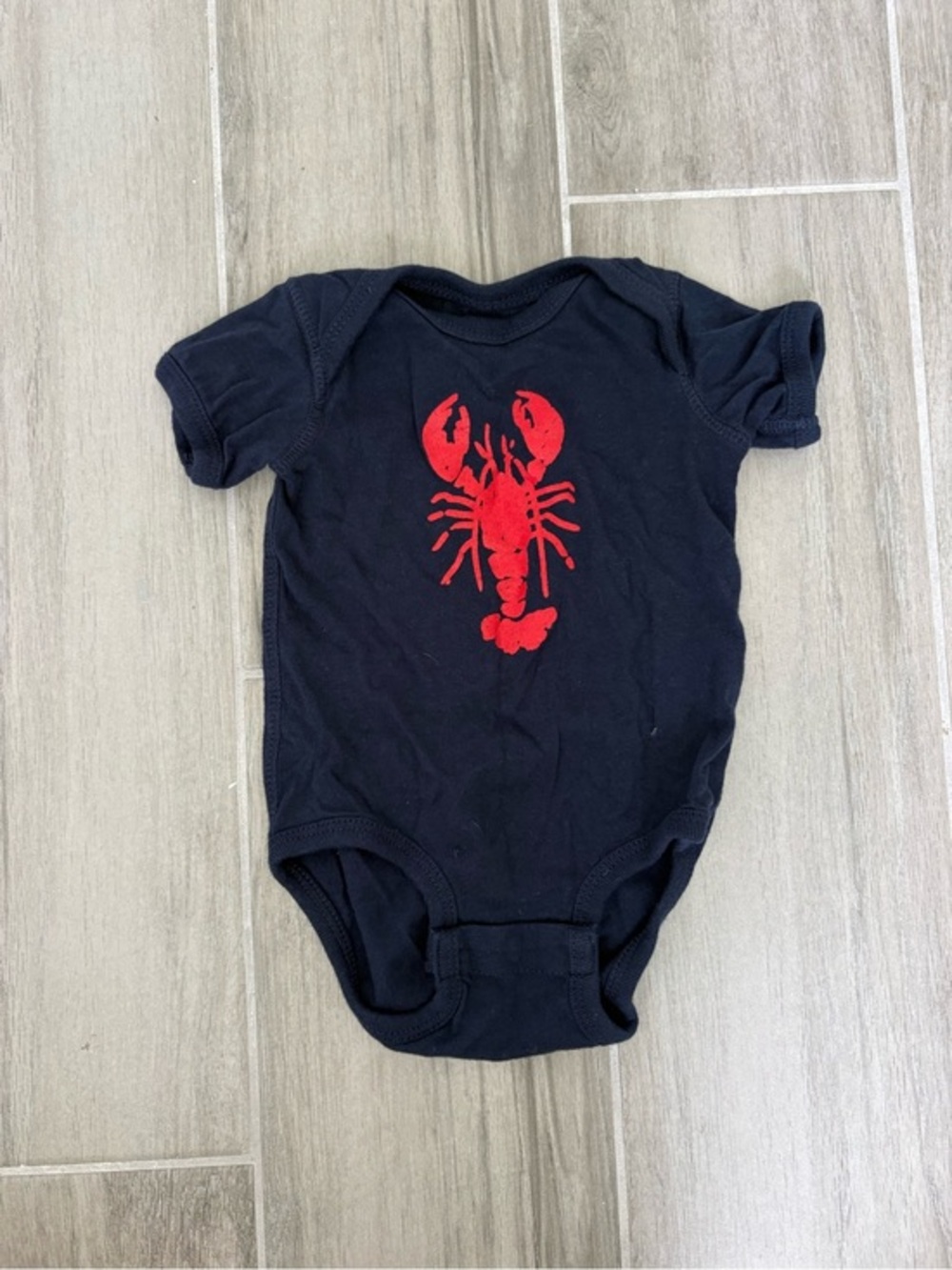 CINDER + SALT Navy Blue Red Lobster Hand Printed Graphic Bodysuit 6M